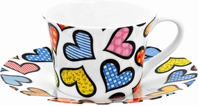 BRITTO Romero Bone China Coffee & Tea Cup with Saucer, 6.7 oz, Hearts, Colorful Artwork Design