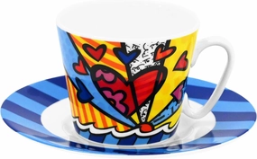 BRITTO Romero Bone China Espresso Cup & Saucer, 3.3 oz, New Day, Hearts Artwork Design