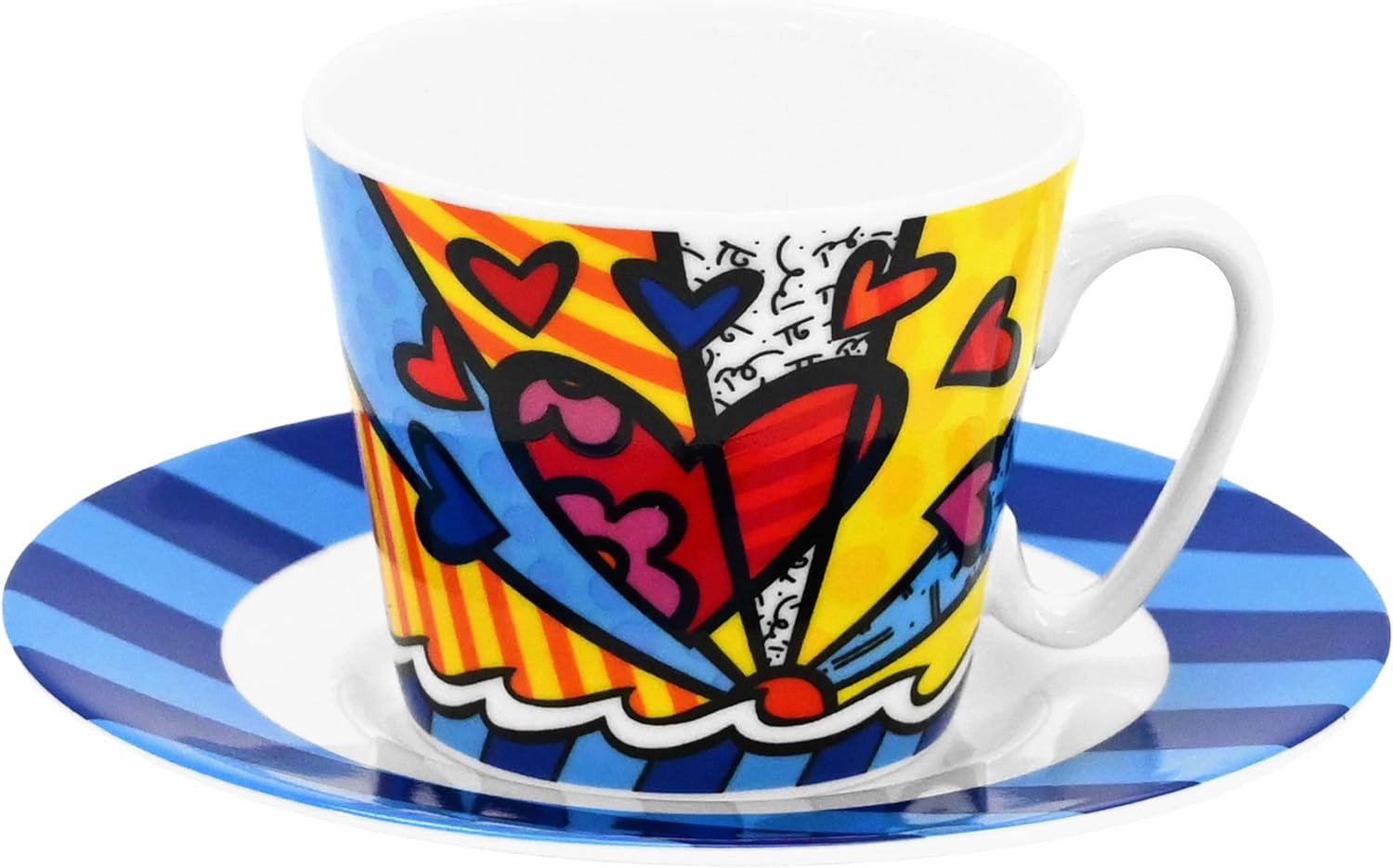 BRITTO Romero Bone China Espresso Cup & Saucer, 3.3 oz, New Day, Hearts Artwork Design