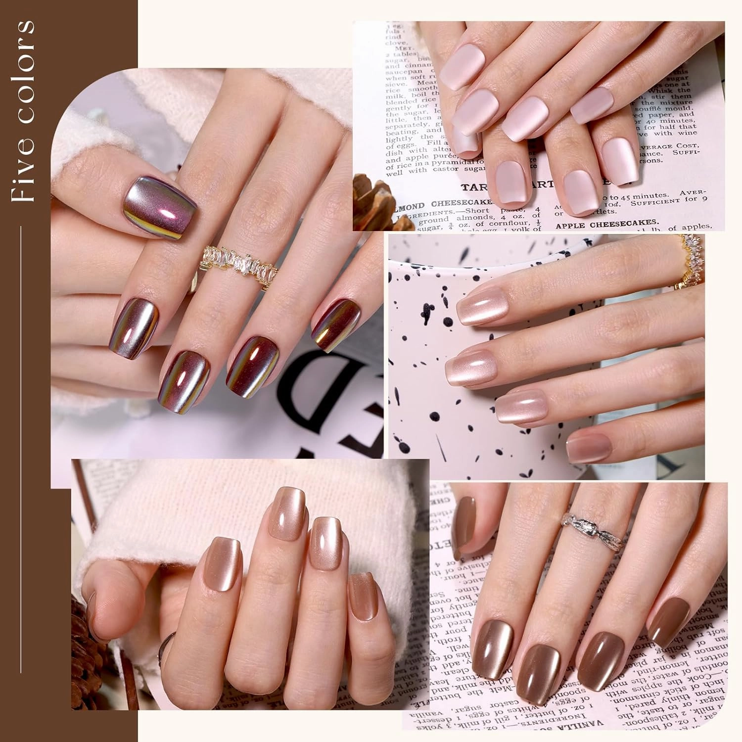 Brown Cat Eye Press on Nails Short Square Set, 150pcs 15 Sizes Jelly Glass Nude Neutral Beige Khaki Roasted Chestnuts Chocolate Winter Nails with Mirror Metallic Silver Nail Stickers