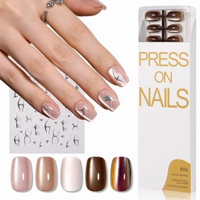 Brown Cat Eye Press on Nails Short Square Set, 150pcs 15 Sizes Jelly Glass Nude Neutral Beige Khaki Roasted Chestnuts Chocolate Winter Nails with Mirror Metallic Silver Nail Stickers