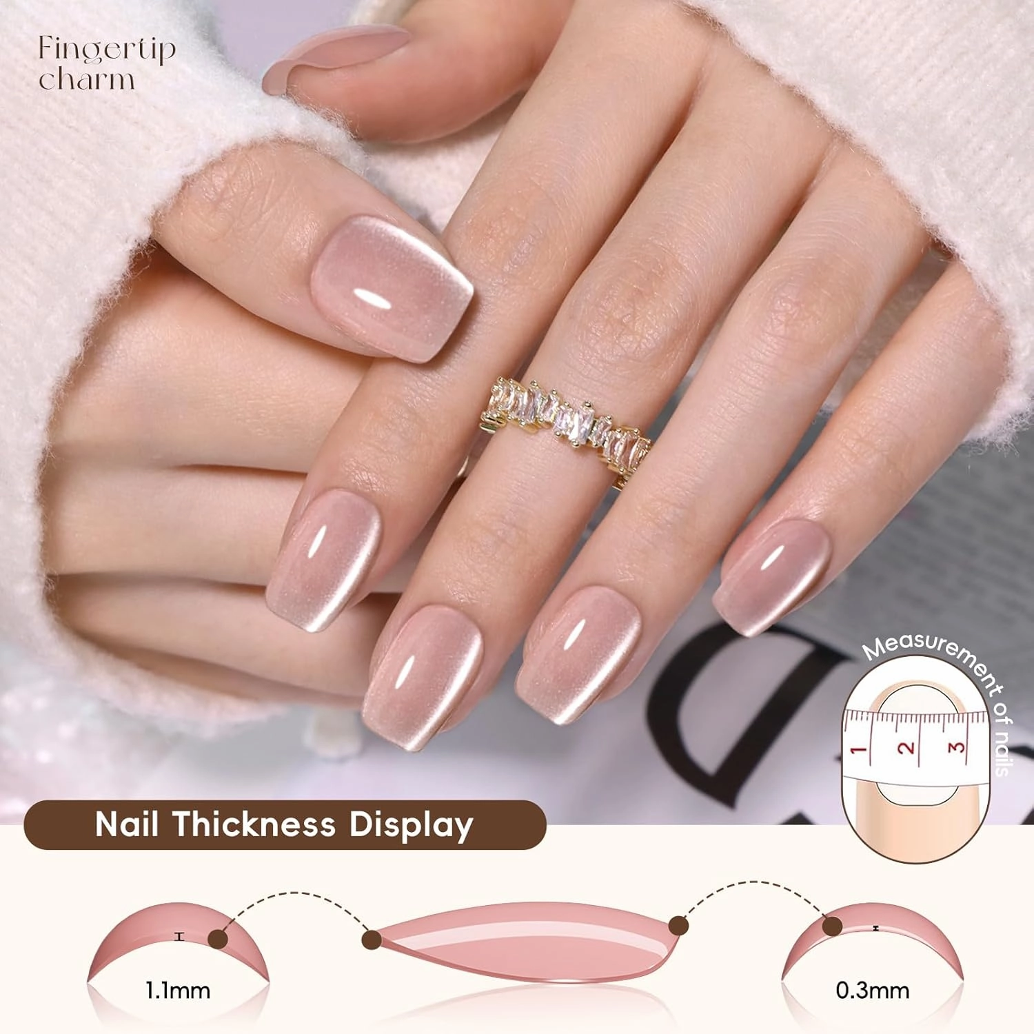 Brown Cat Eye Press on Nails Short Square Set, 150pcs 15 Sizes Jelly Glass Nude Neutral Beige Khaki Roasted Chestnuts Chocolate Winter Nails with Mirror Metallic Silver Nail Stickers