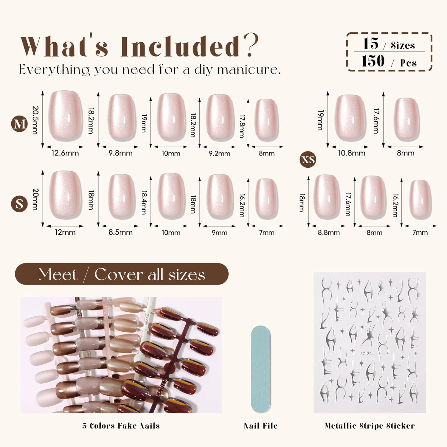 Brown Cat Eye Press on Nails Short Square Set, 150pcs 15 Sizes Jelly Glass Nude Neutral Beige Khaki Roasted Chestnuts Chocolate Winter Nails with Mirror Metallic Silver Nail Stickers