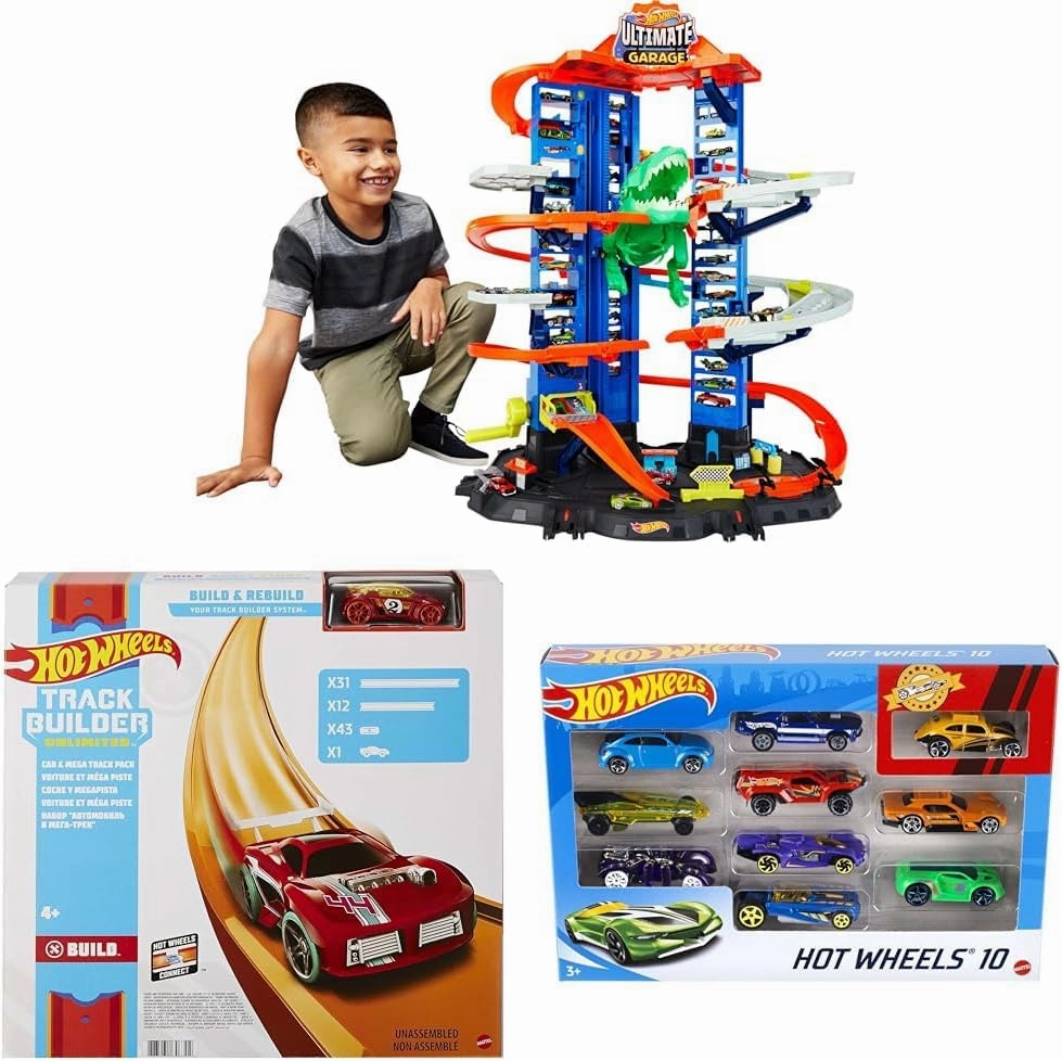 Bundle of Hot Wheels Ultimate Garage Moving Dinosaur, 100  1:64 Scale Vehicle Storage (Amazon Exclusive)   Mega Track Pack, 40-ft of Track (Amazon Exclusive)   Set of 10 Toy Cars (Styles May Vary)