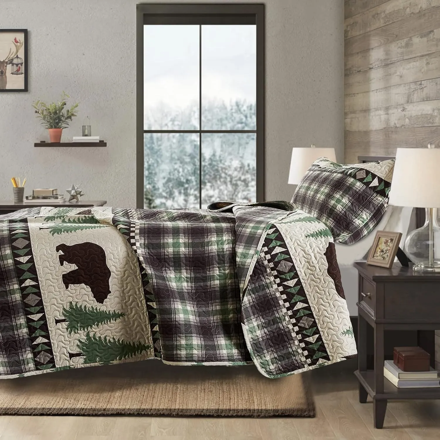 Cabin Bear Quilts Set Full/Queen Size, Lightweight Plaid Bedspread Coverlet Rustic Lodge Bedding Forest Tree Bed Sheet with Pillowshams (Beige Brown, Full/Queen)