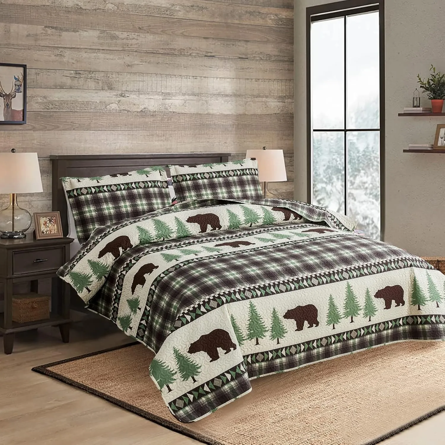Cabin Bear Quilts Set Full/Queen Size, Lightweight Plaid Bedspread Coverlet Rustic Lodge Bedding Forest Tree Bed Sheet with Pillowshams (Beige Brown, Full/Queen)