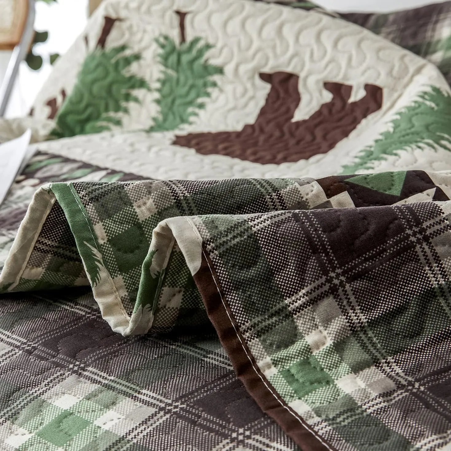 Cabin Bear Quilts Set Full/Queen Size, Lightweight Plaid Bedspread Coverlet Rustic Lodge Bedding Forest Tree Bed Sheet with Pillowshams (Beige Brown, Full/Queen)
