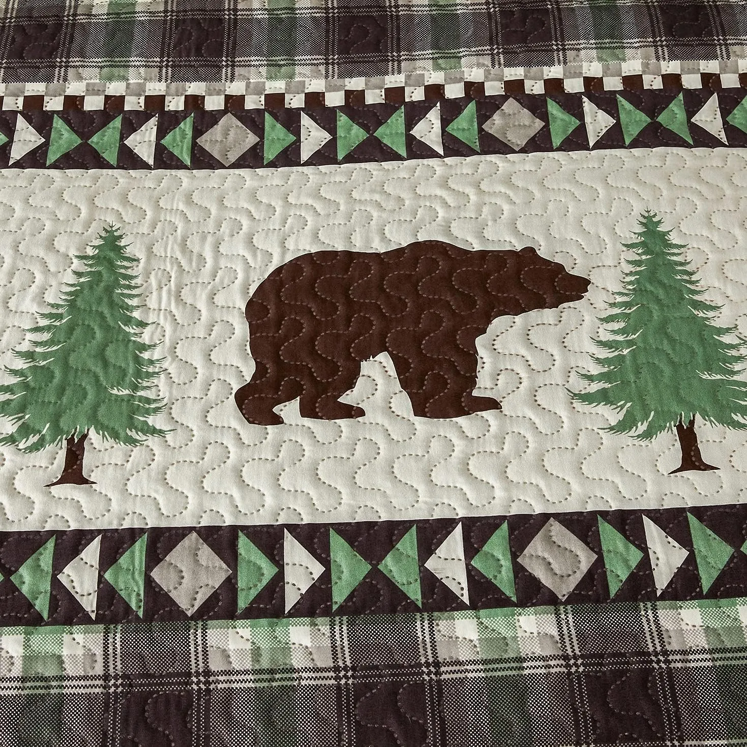 Cabin Bear Quilts Set Full/Queen Size, Lightweight Plaid Bedspread Coverlet Rustic Lodge Bedding Forest Tree Bed Sheet with Pillowshams (Beige Brown, Full/Queen)