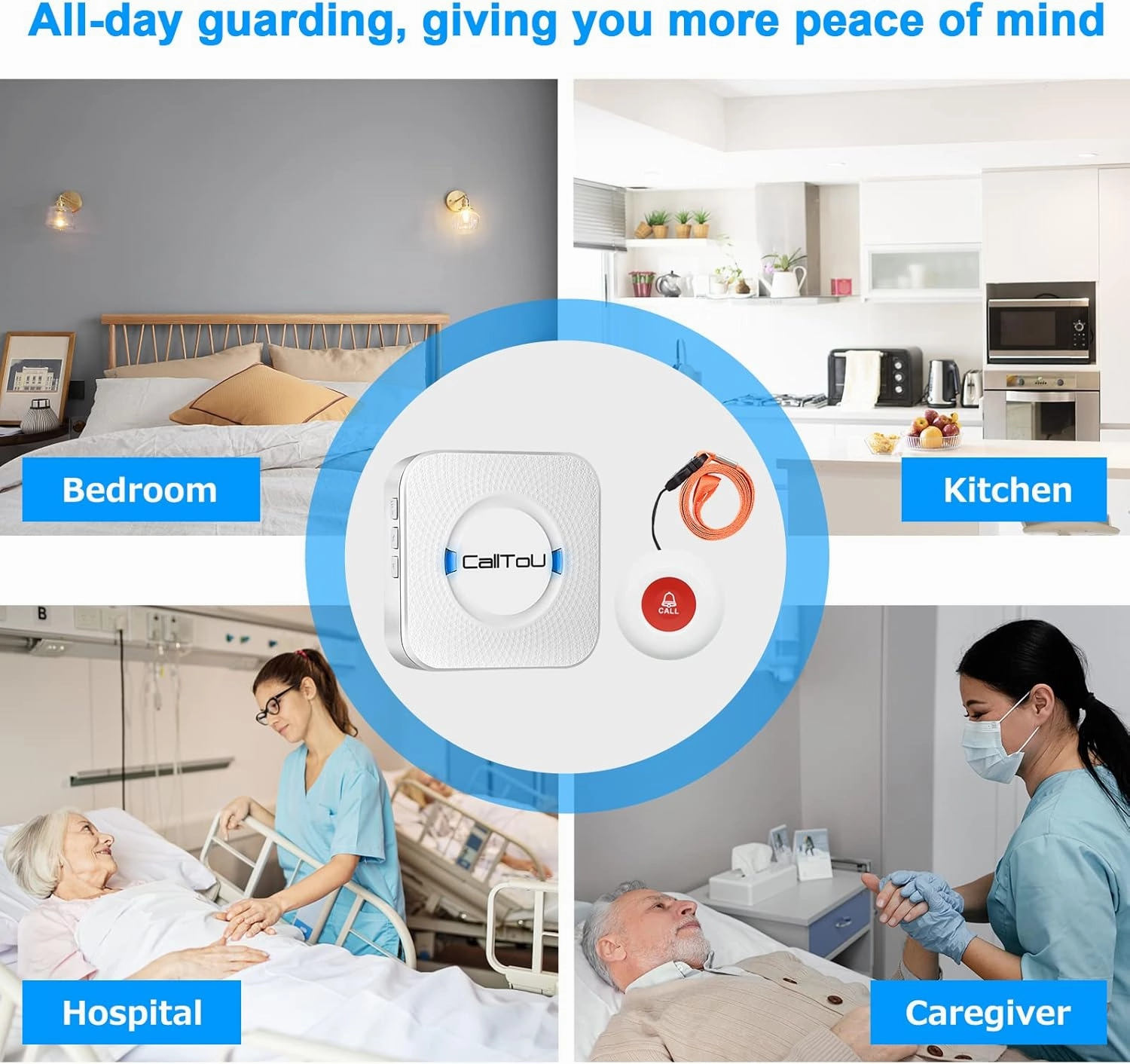CallToU Wireless Caregiver Pager Smart Call System 2 SOS Call Buttons/Transmitters 2 Receivers Nurse Calling Alert Patient Help System for Home/Personal Attention Pager 500 Feet Plugin Receiver