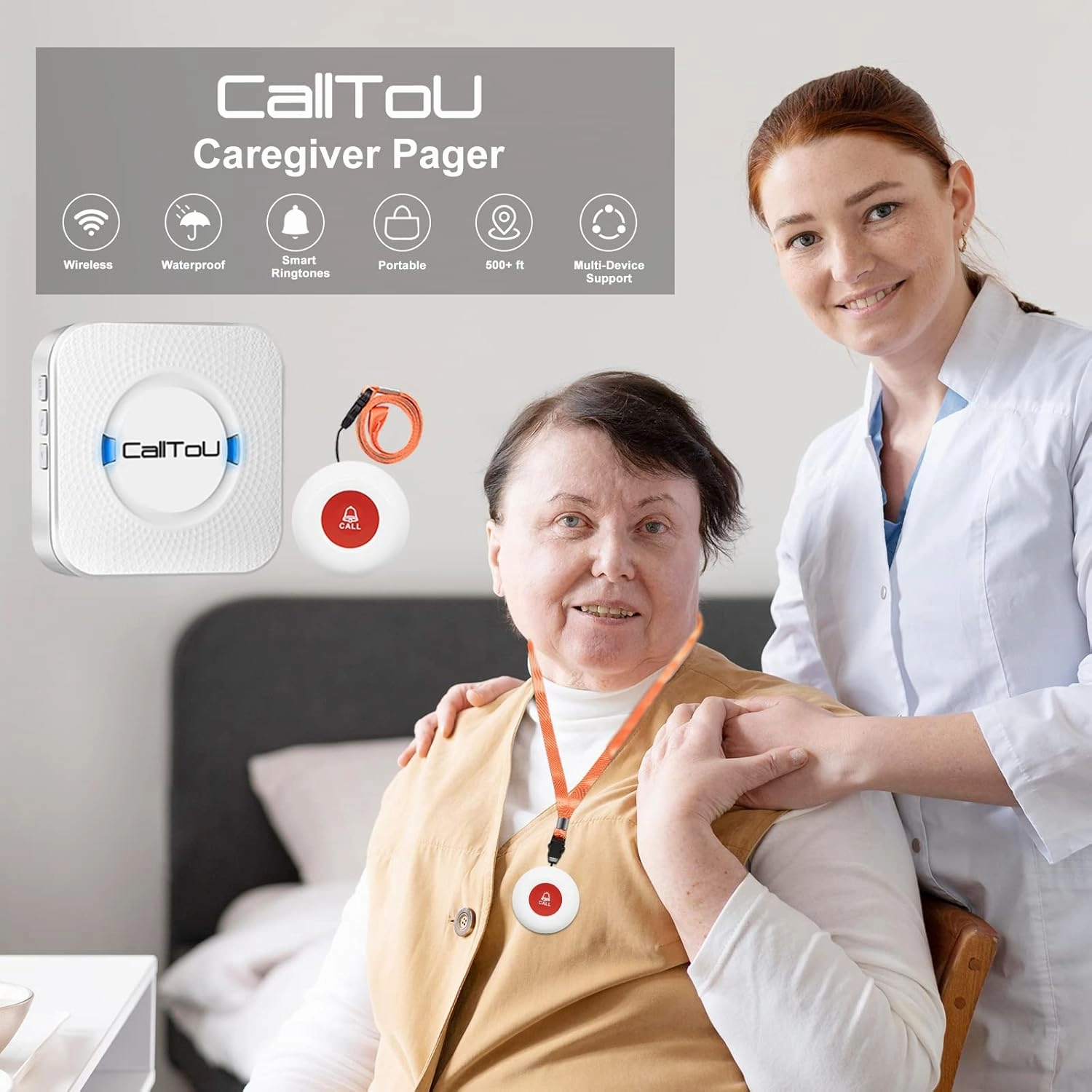 CallToU Wireless Caregiver Pager Smart Call System 2 SOS Call Buttons/Transmitters 2 Receivers Nurse Calling Alert Patient Help System for Home/Personal Attention Pager 500 Feet Plugin Receiver