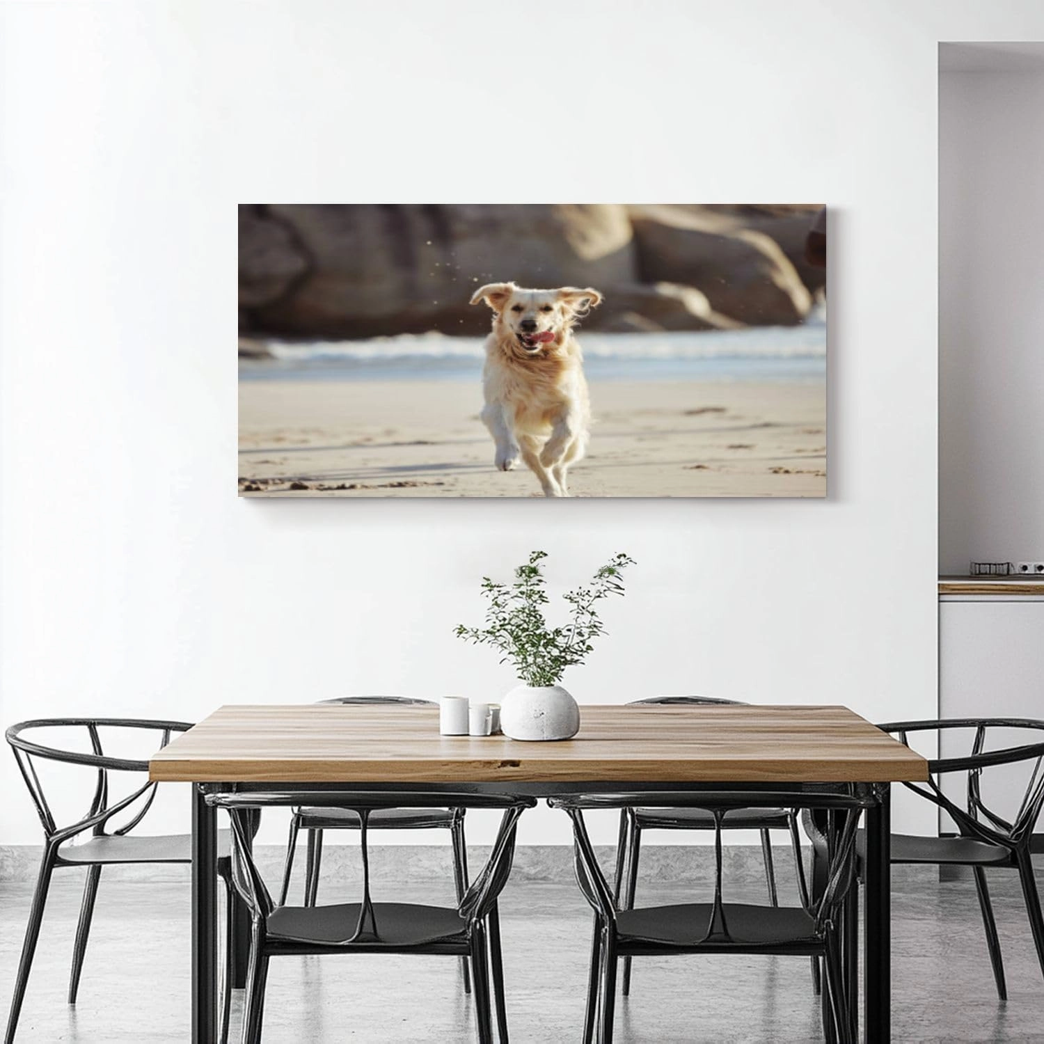 Canvas 30x60 Wall Art for Bedroom Energy running dog beach freedom playing sand along curious fun nature Framed Art Prints Wall Decor for Living Room Ready to Hang Western Home Decor Bathroom Office