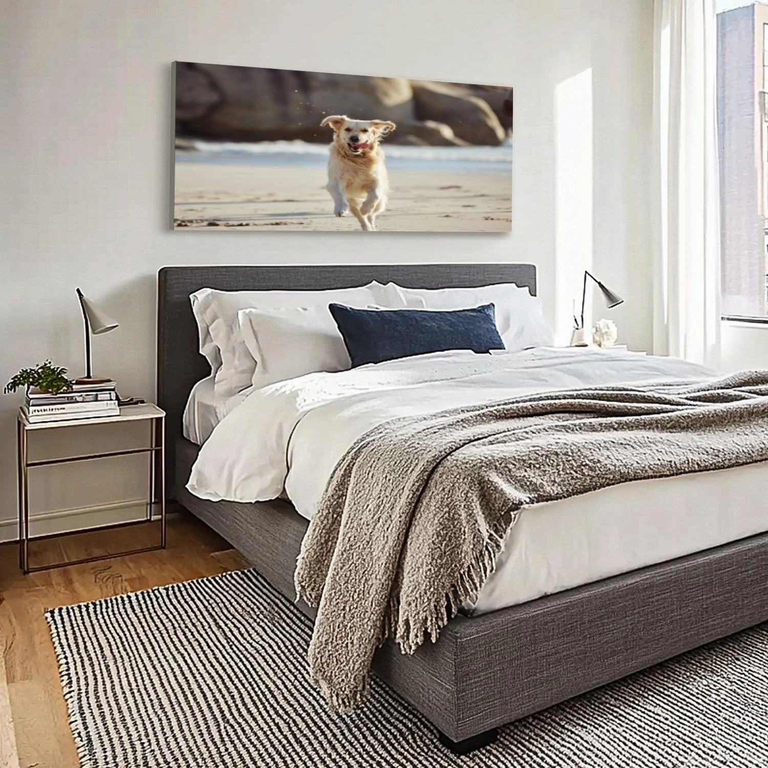 Canvas 30x60 Wall Art for Bedroom Energy running dog beach freedom playing sand along curious fun nature Framed Art Prints Wall Decor for Living Room Ready to Hang Western Home Decor Bathroom Office