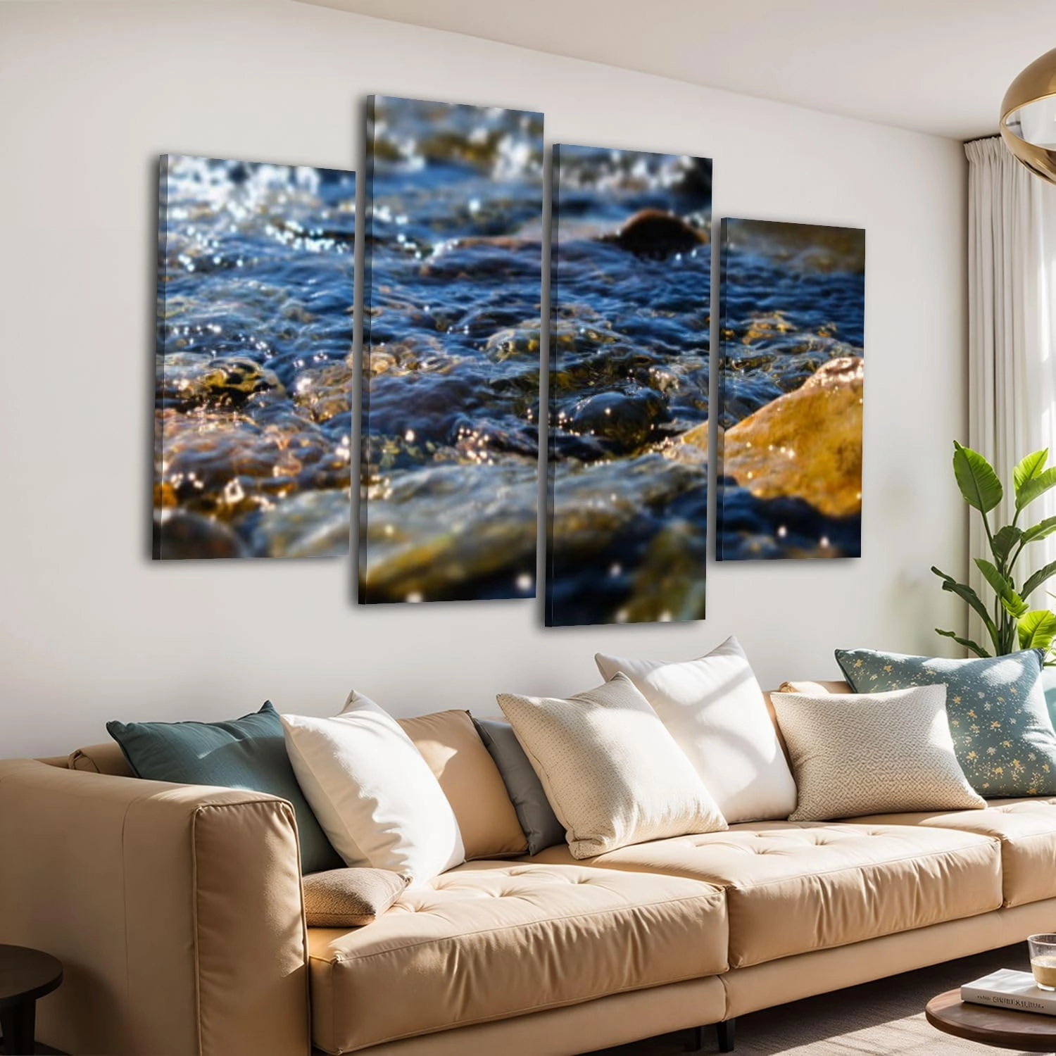 Canvas Wall Art for Bedroom 4 Panels Smooth river rocks Flowing stream water Alpine creek Ripples water Framed Art Prints Wall Decor for Living Room Ready to Hang Western Home Decor Bathroom Office