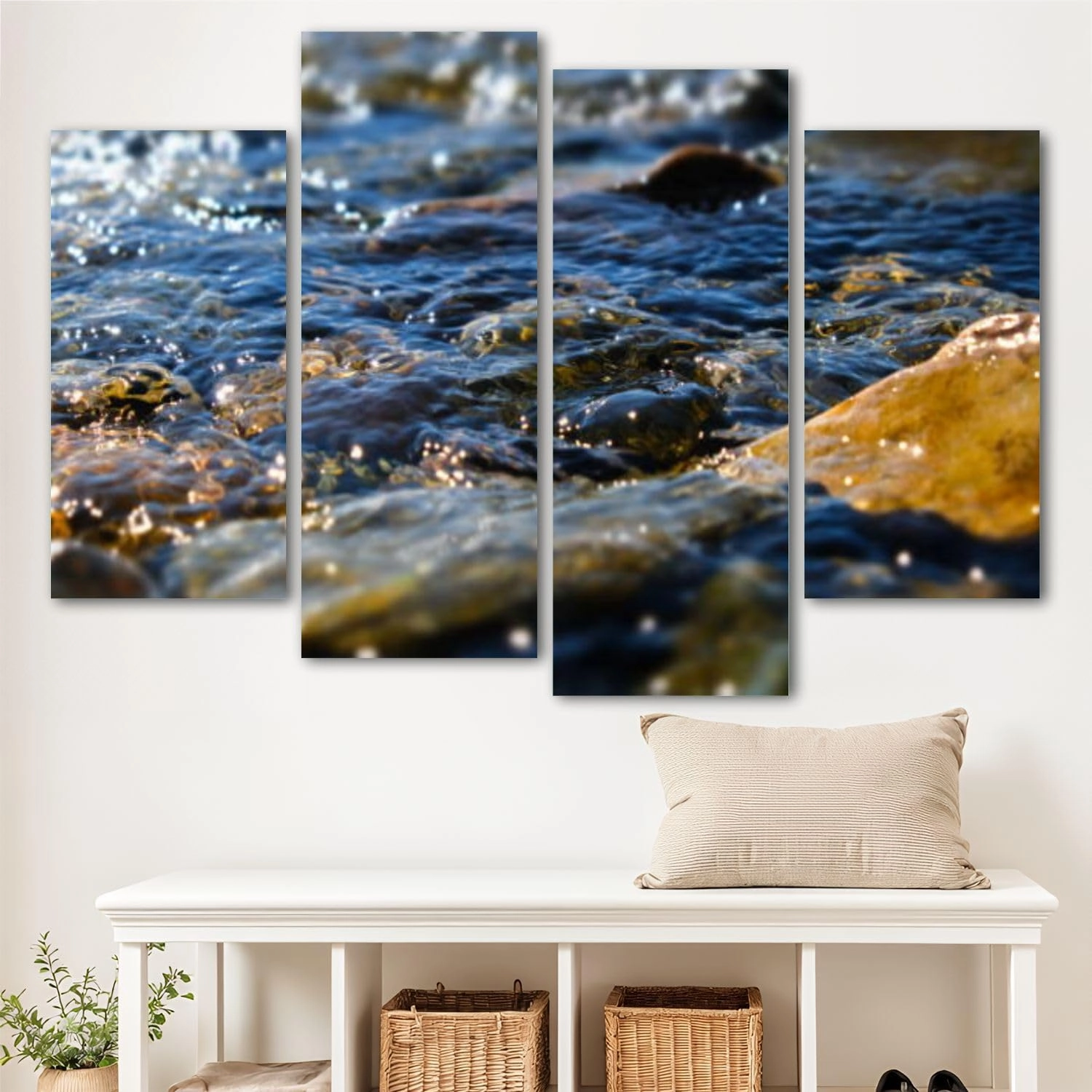 Canvas Wall Art for Bedroom 4 Panels Smooth river rocks Flowing stream water Alpine creek Ripples water Framed Art Prints Wall Decor for Living Room Ready to Hang Western Home Decor Bathroom Office