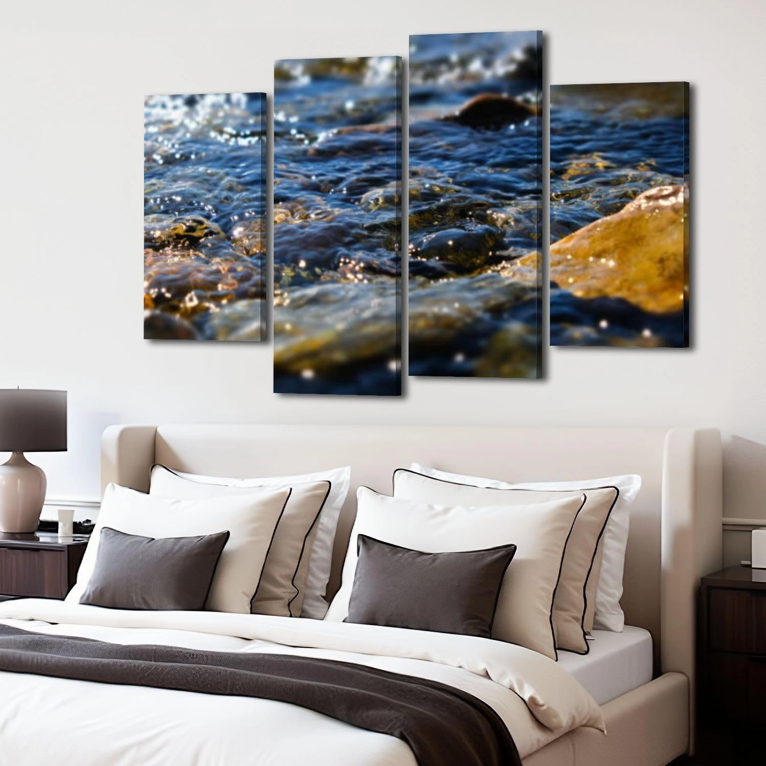Canvas Wall Art for Bedroom 4 Panels Smooth river rocks Flowing stream water Alpine creek Ripples water Framed Art Prints Wall Decor for Living Room Ready to Hang Western Home Decor Bathroom Office