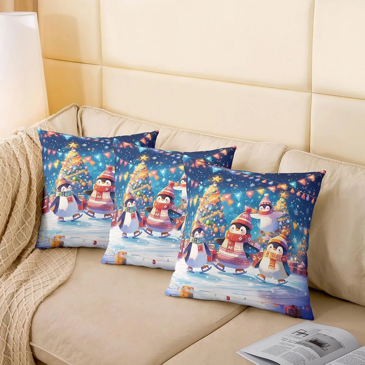 Cartoon Penguin Pillow Covers 18x18 Inch Set of 2 Colorful Christmas Lights New Year Cushion Covers for Kids Boys Girls Teens Lovely Wild Animal Winter Theme Pillow Cases for Bedroom Couch