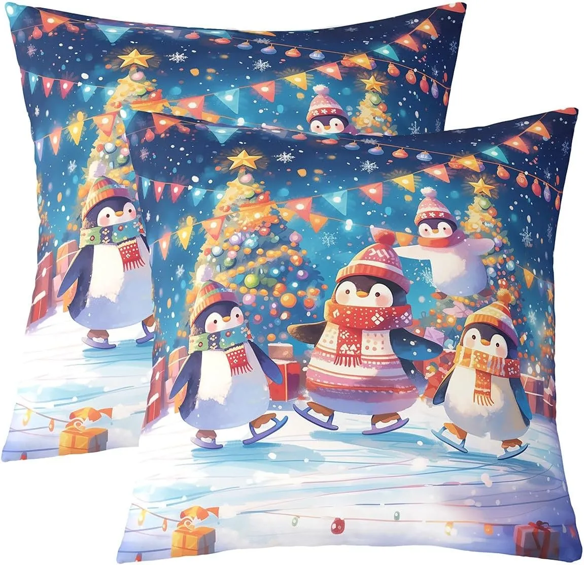 Cartoon Penguin Pillow Covers 18x18 Inch Set of 2 Colorful Christmas Lights New Year Cushion Covers for Kids Boys Girls Teens Lovely Wild Animal Winter Theme Pillow Cases for Bedroom Couch
