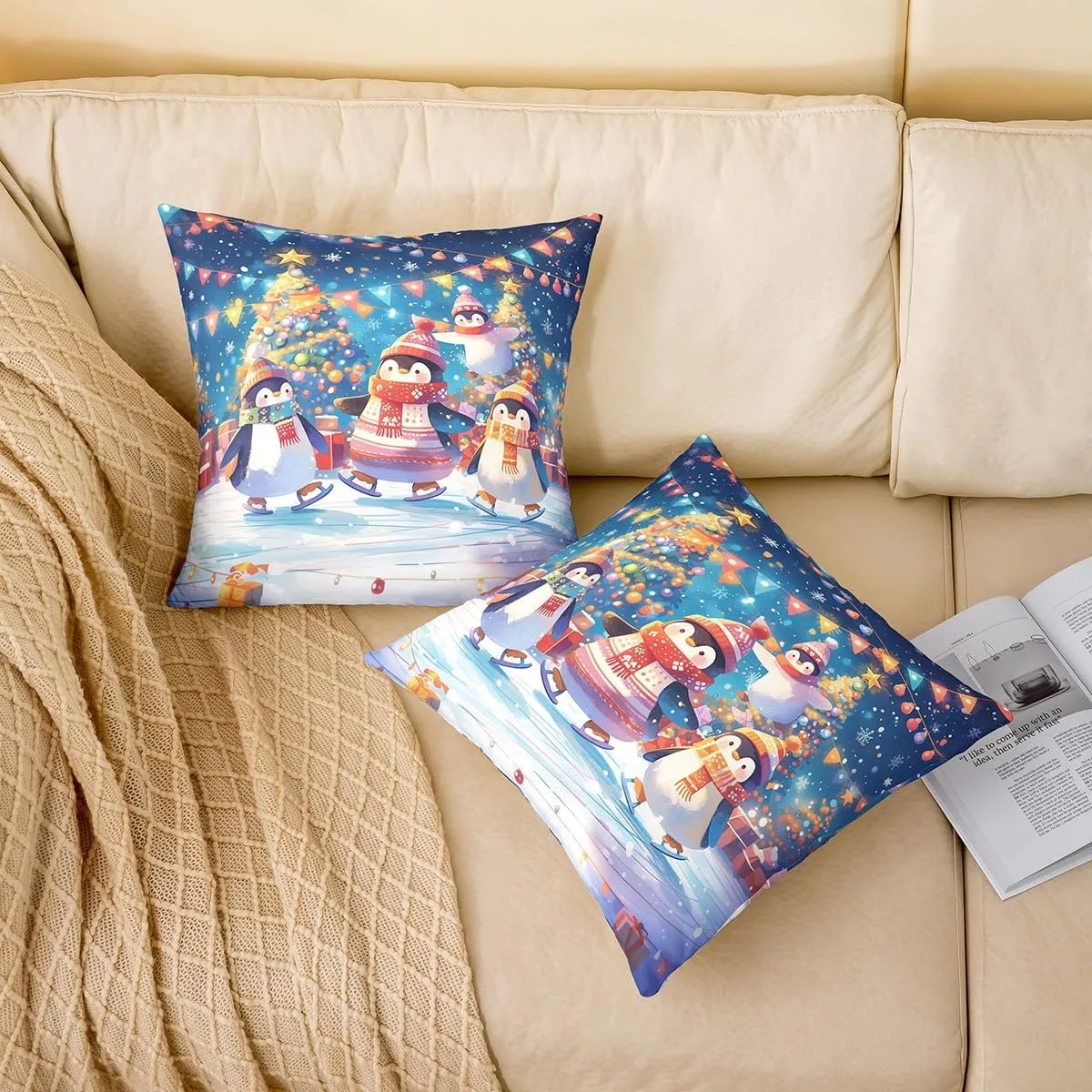 Cartoon Penguin Pillow Covers 18x18 Inch Set of 2 Colorful Christmas Lights New Year Cushion Covers for Kids Boys Girls Teens Lovely Wild Animal Winter Theme Pillow Cases for Bedroom Couch