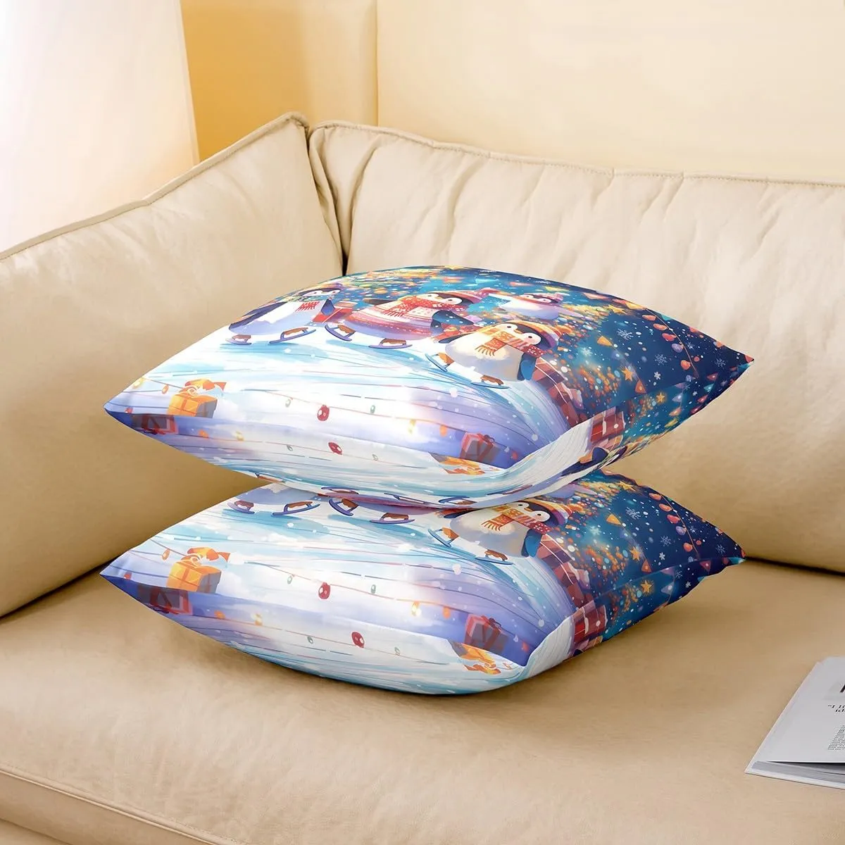 Cartoon Penguin Pillow Covers 18x18 Inch Set of 2 Colorful Christmas Lights New Year Cushion Covers for Kids Boys Girls Teens Lovely Wild Animal Winter Theme Pillow Cases for Bedroom Couch