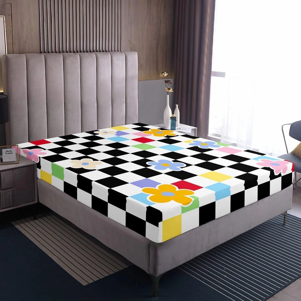 Cartoon Daisy Flowers Kids Fitted Sheet Twin Size,Geometric Plaid Grid Checkerboard Girls Women Bedding Set,Chic Floral Patchwork Abstract Bed Sheet,1 Pillowcase(No Flat)