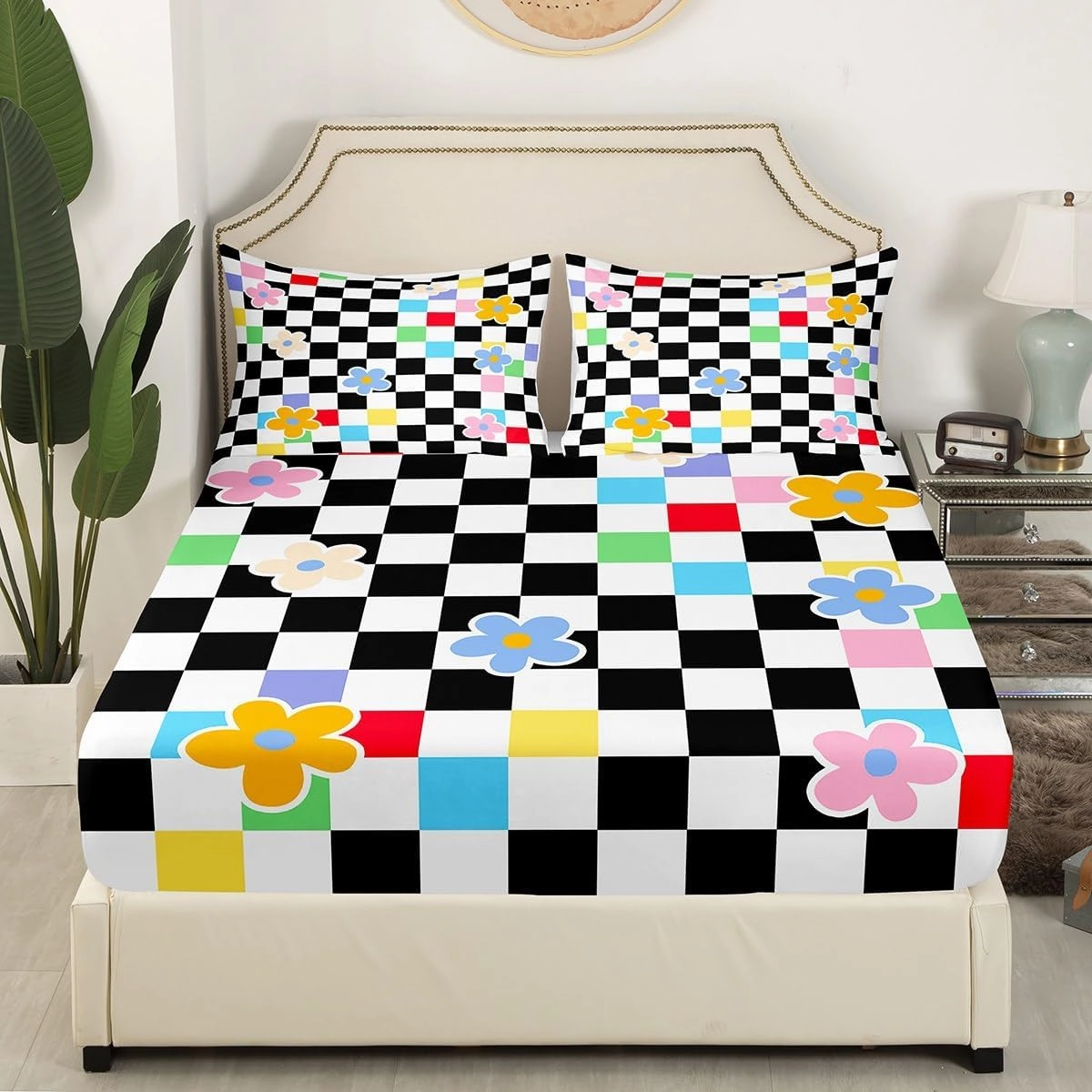 Cartoon Daisy Flowers Kids Fitted Sheet Twin Size,Geometric Plaid Grid Checkerboard Girls Women Bedding Set,Chic Floral Patchwork Abstract Bed Sheet,1 Pillowcase(No Flat)