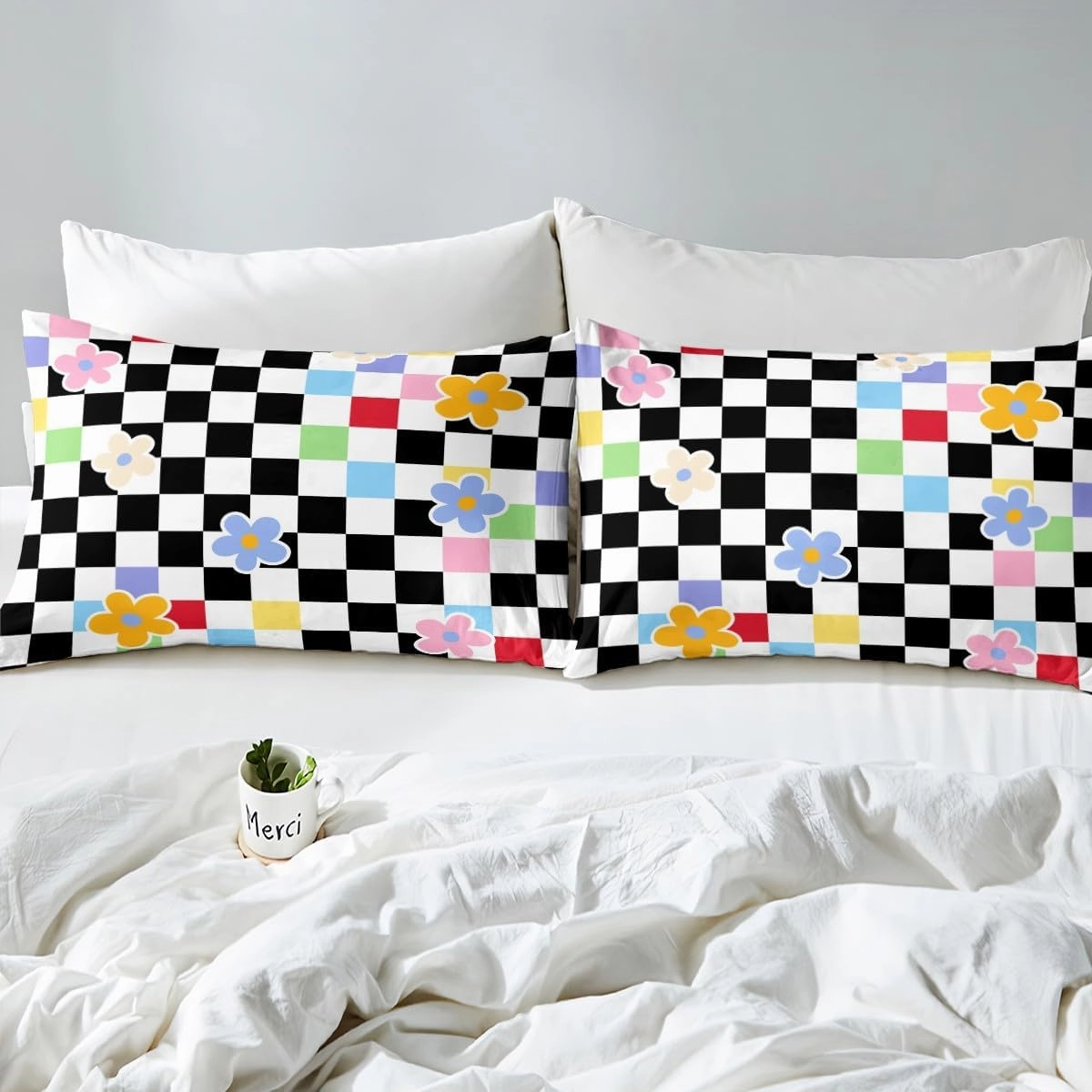 Cartoon Daisy Flowers Kids Fitted Sheet Twin Size,Geometric Plaid Grid Checkerboard Girls Women Bedding Set,Chic Floral Patchwork Abstract Bed Sheet,1 Pillowcase(No Flat)