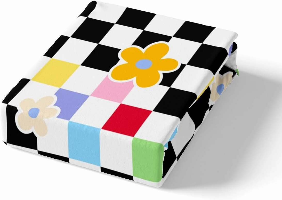 Cartoon Daisy Flowers Kids Fitted Sheet Twin Size,Geometric Plaid Grid Checkerboard Girls Women Bedding Set,Chic Floral Patchwork Abstract Bed Sheet,1 Pillowcase(No Flat)