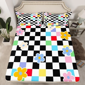 Cartoon Daisy Flowers Kids Fitted Sheet Twin Size,Geometric Plaid Grid Checkerboard Girls Women Bedding Set,Chic Floral Patchwork Abstract Bed Sheet,1 Pillowcase(No Flat)