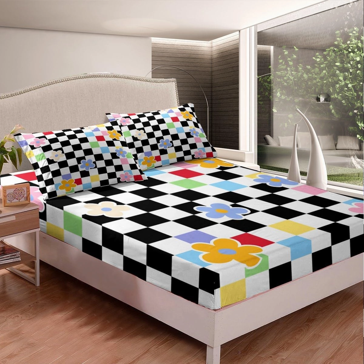 Cartoon Daisy Flowers Kids Fitted Sheet Twin Size,Geometric Plaid Grid Checkerboard Girls Women Bedding Set,Chic Floral Patchwork Abstract Bed Sheet,1 Pillowcase(No Flat)