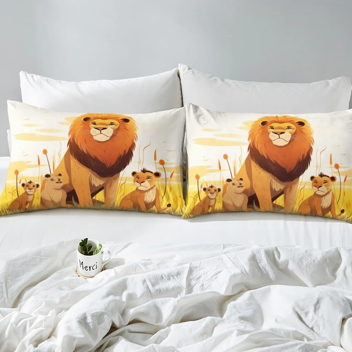Cartoon Lion Kids Fitted Sheet Twin Size,Cute Animal Bedding Set for Girls Boys Room Decor,Prairie Scenery African Wildlife Nature Bed Sheet 2Pcs,Kawaii Lions Microfiber Sheet Set,1 Pillowcase