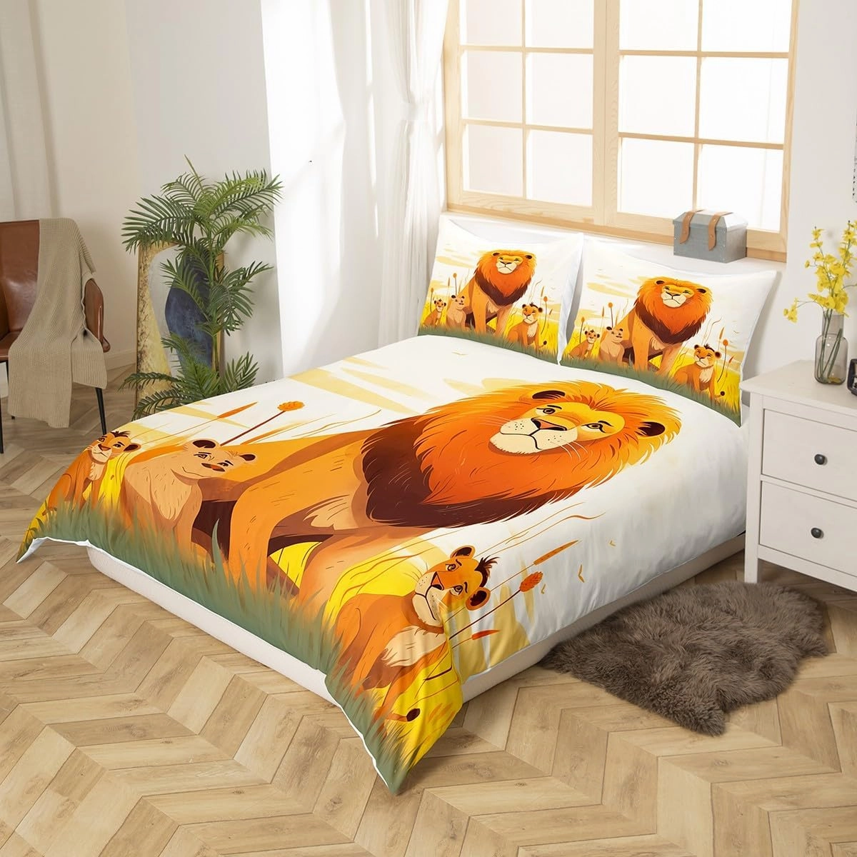 Cartoon Lion Kids Fitted Sheet Twin Size,Cute Animal Bedding Set for Girls Boys Room Decor,Prairie Scenery African Wildlife Nature Bed Sheet 2Pcs,Kawaii Lions Microfiber Sheet Set,1 Pillowcase