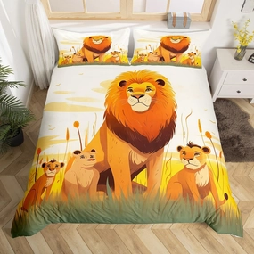 Cartoon Lion Kids Fitted Sheet Twin Size,Cute Animal Bedding Set for Girls Boys Room Decor,Prairie Scenery African Wildlife Nature Bed Sheet 2Pcs,Kawaii Lions Microfiber Sheet Set,1 Pillowcase