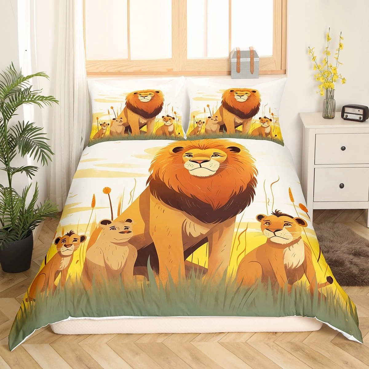 Cartoon Lion Kids Fitted Sheet Twin Size,Cute Animal Bedding Set for Girls Boys Room Decor,Prairie Scenery African Wildlife Nature Bed Sheet 2Pcs,Kawaii Lions Microfiber Sheet Set,1 Pillowcase