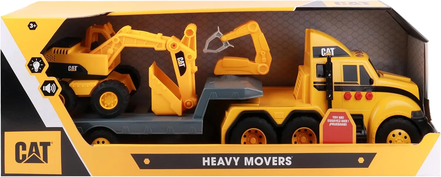 CAT Construction Toys, Heavy Mover, Semi Truck and Trailer with Construction Fleet Excavator, Lights and Sounds, Ages 3 and up