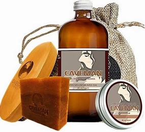 Caveman Beard Oil, Beard/Mustache Balm Wax, Beard and Body Soap, Boar's Hair Brush Set in Sandalwood Scent