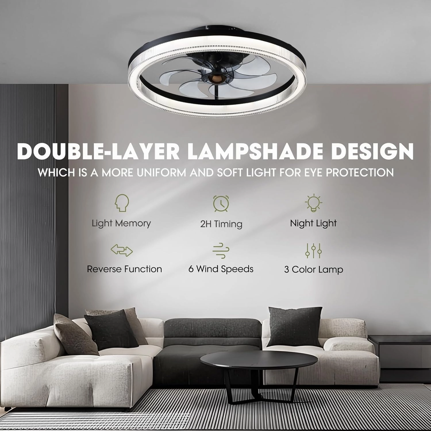 Ceiling Fans with Lights, 20" Low Profile Ceiling Fan with Light Remote Control, Flush Mount Fandelier Ceiling Fan 6 Wind Speeds 3 Color Changeable for Bedroom, Kitchen and Kids Room (Black)