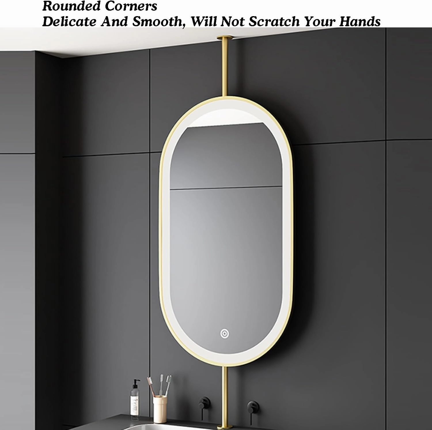 Ceiling Suspended Mirror,Vanity Shaving Makeup Mirrors,Hanging Metal Frame Illuminated Bathroom Mirror,with Light Touch Button(Gold,60X90cm)