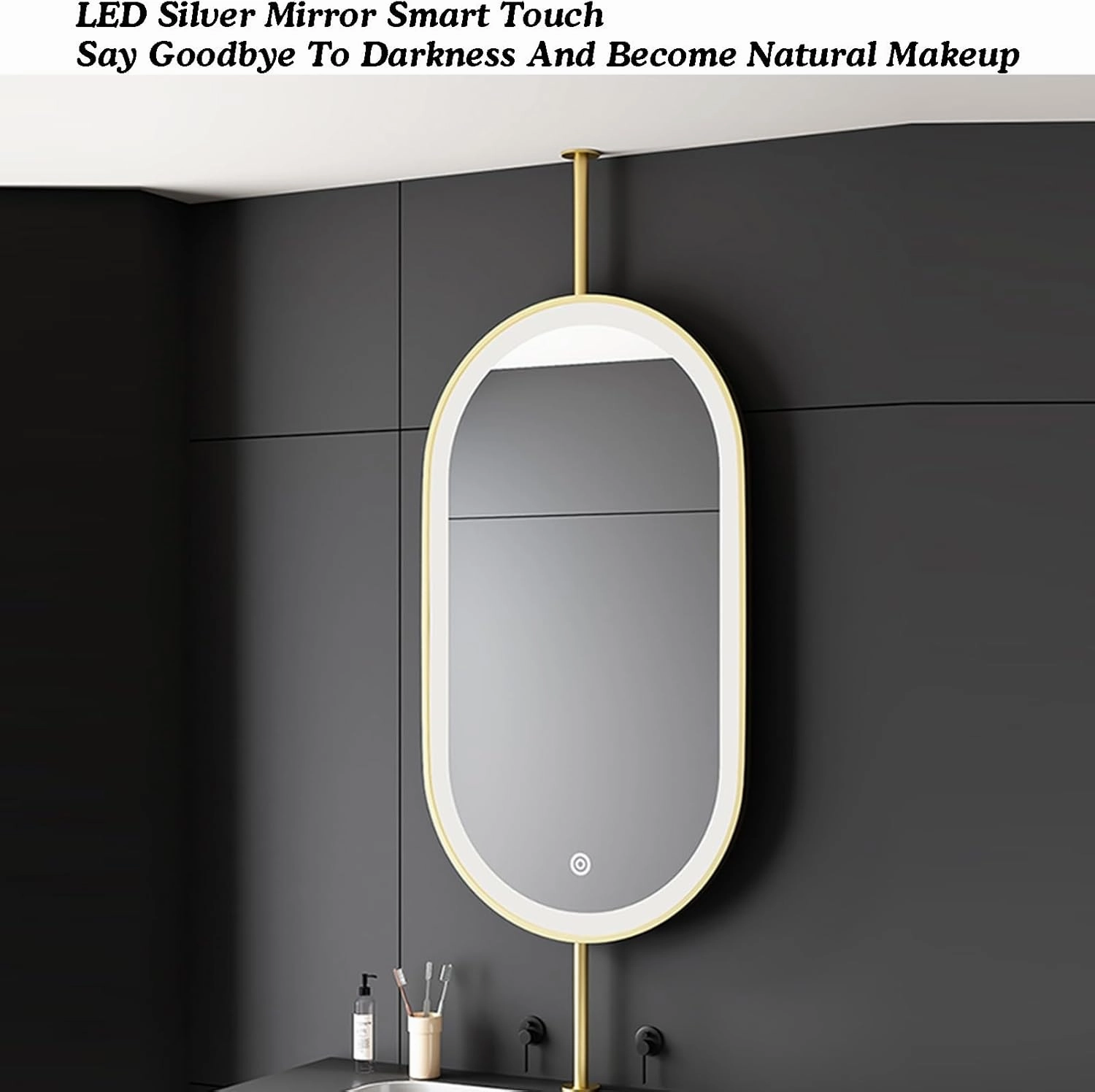 Ceiling Suspended Mirror,Vanity Shaving Makeup Mirrors,Hanging Metal Frame Illuminated Bathroom Mirror,with Light Touch Button(Gold,60X90cm)