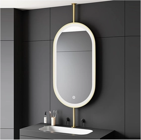 Ceiling Suspended Mirror,Vanity Shaving Makeup Mirrors,Hanging Metal Frame Illuminated Bathroom Mirror,with Light Touch Button(Gold,60X90cm)