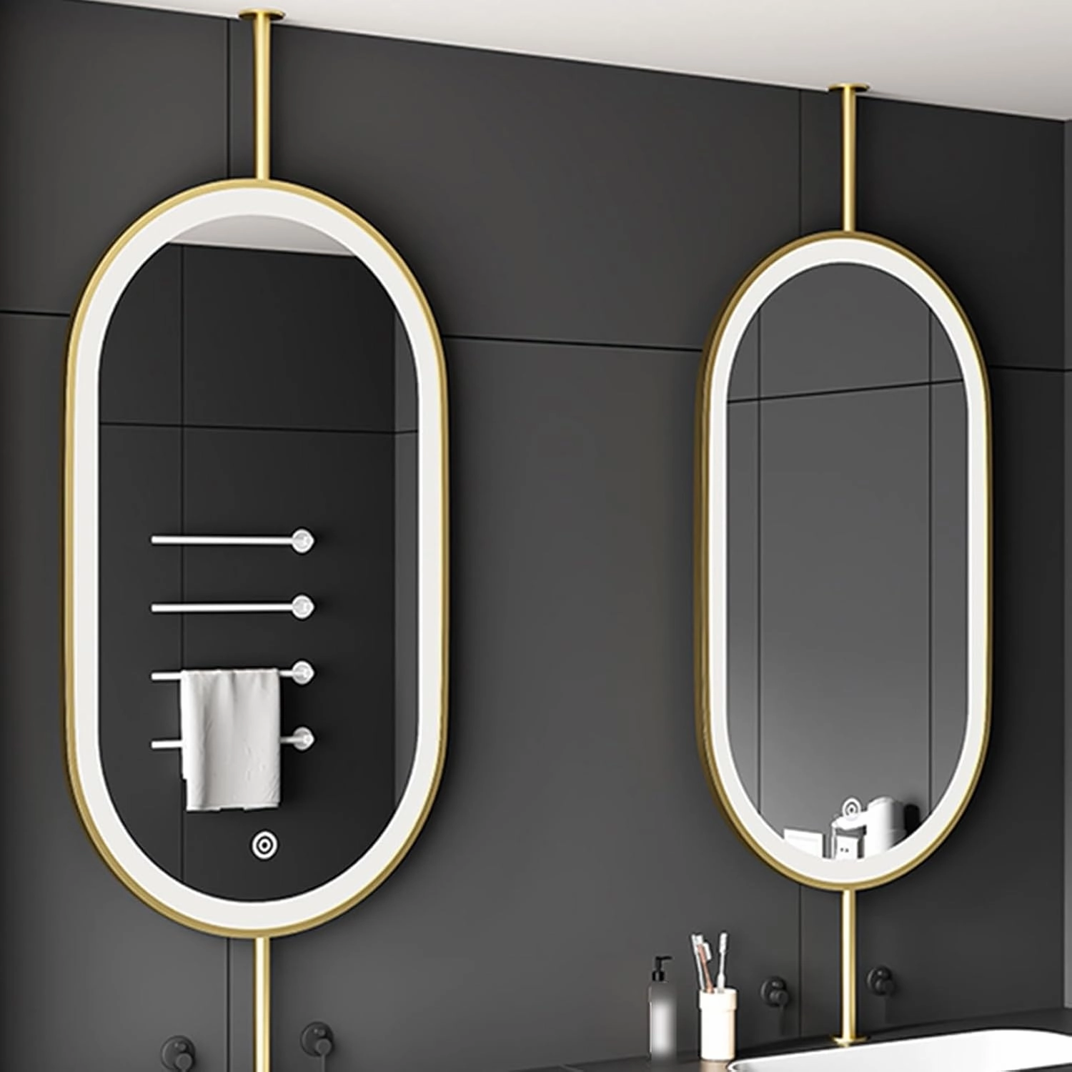 Ceiling Suspended Mirror,Vanity Shaving Makeup Mirrors,Hanging Metal Frame Illuminated Bathroom Mirror,with Light Touch Button(Gold,60X90cm)