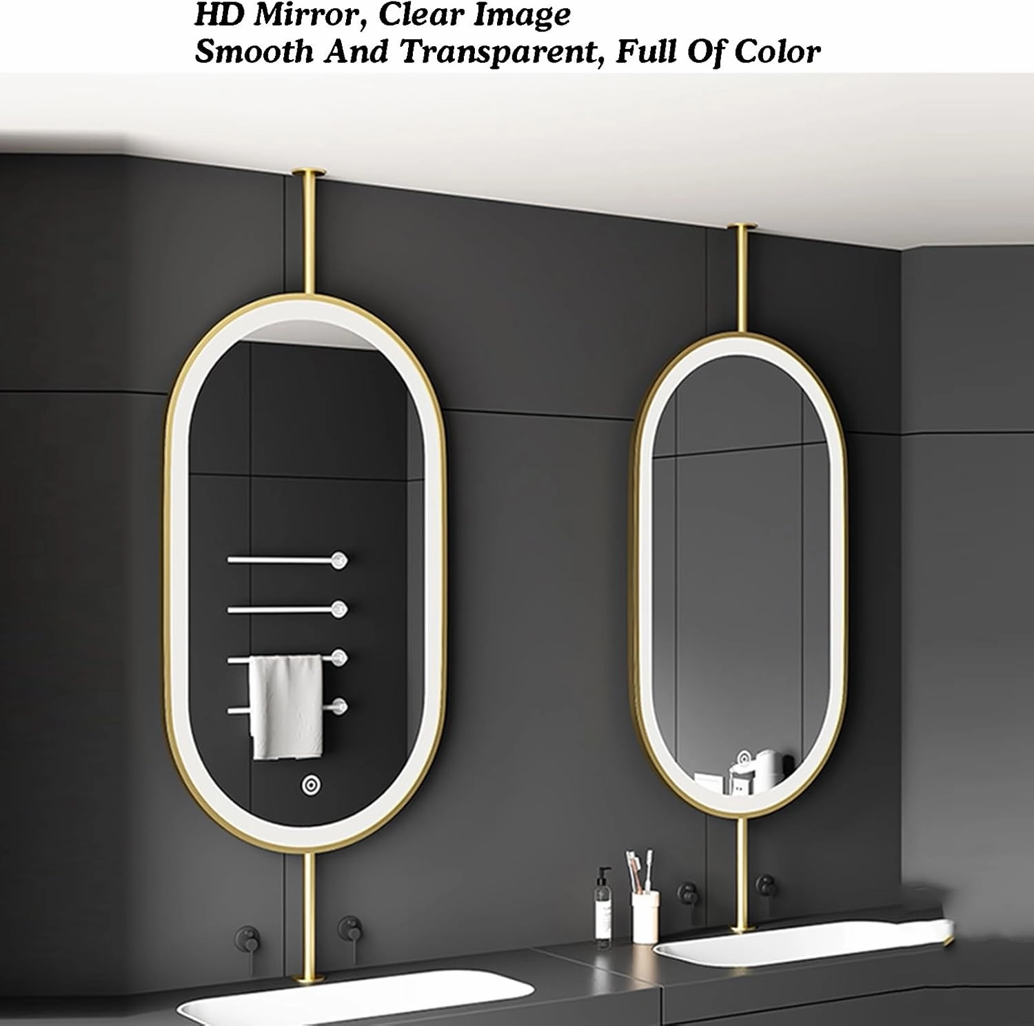 Ceiling Suspended Mirror,Vanity Shaving Makeup Mirrors,Hanging Metal Frame Illuminated Bathroom Mirror,with Light Touch Button(Gold,60X90cm)