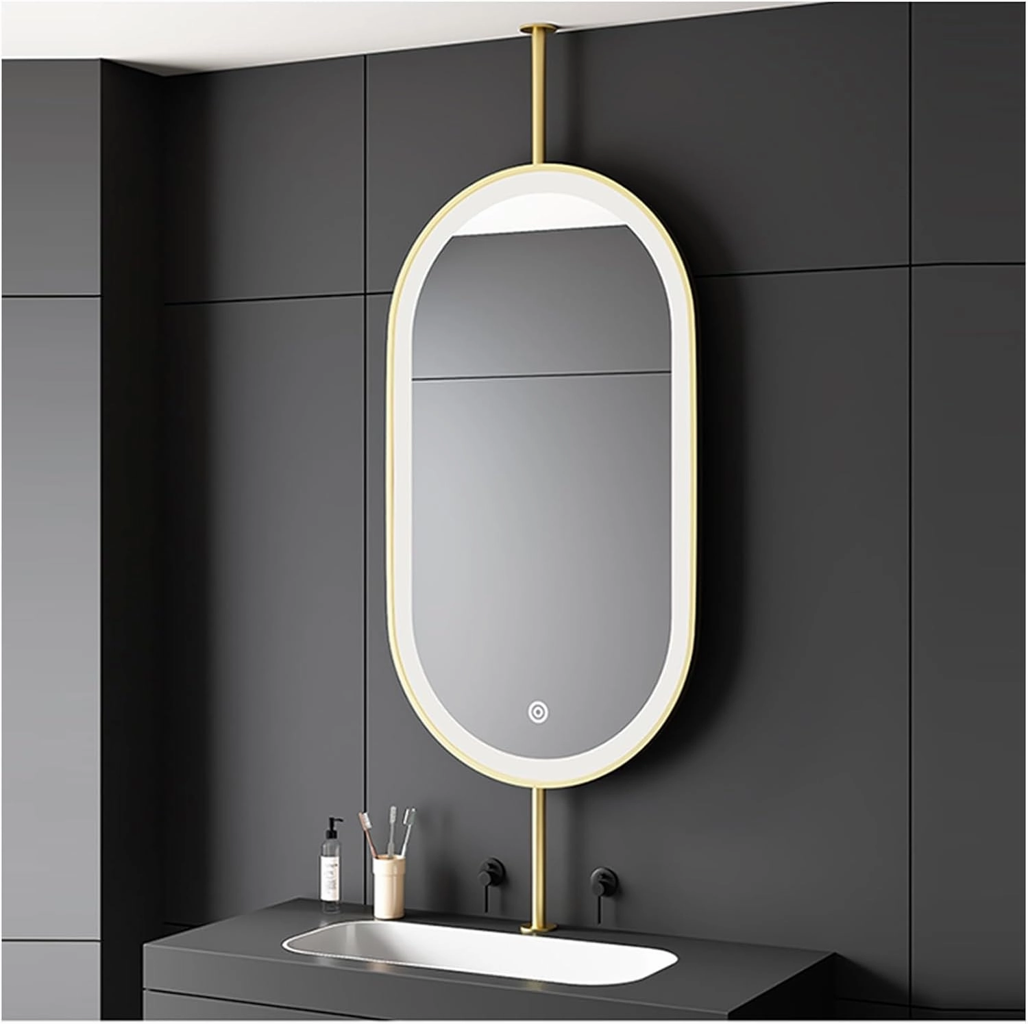 Ceiling Suspended Mirror,Vanity Shaving Makeup Mirrors,Hanging Metal Frame Illuminated Bathroom Mirror,with Light Touch Button(Gold,60X90cm)