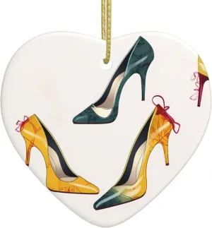 Ceramic Heart Shape Ornaments High Heel Shoes Printing Christmas Tree Ceramic Hanging with Gold Ribbon Cute Ceramic Ornaments Double-Sided Christmas Ornaments Holidays Ornaments