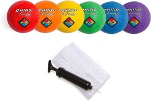 Champion Sports Rhino Playground Ball Set, 8.5"D -Two-Ply, Nylon Wound - Set of 6 Colors With Bag and Pump