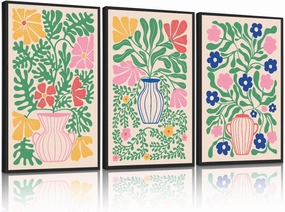 CHDITB Matisse Flowers Vase Framed Canvas Wall Art(16"x24"), 3 Panels Colorful Boho Florals Botanical Plants Artwork Printings, Large Scandinavian Gallery Decor Painting for Bedroom Dining Room Office