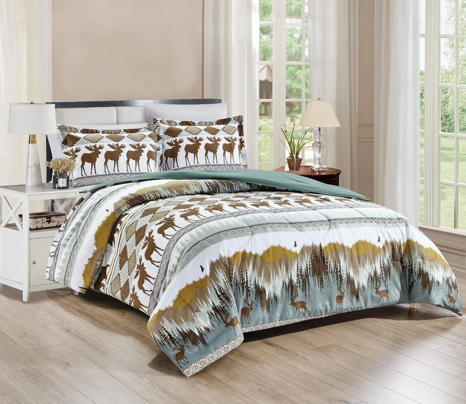 Chezmoi Collection 3-Piece Wilderness Forest Wildlife Moose Bear Microfiber Printed Comforter Set, King Size