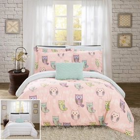 Chic Home Forest 8 Piece Reversible Comforter Cute It's A Hoot Owl Friends Youth Design Bed in a Bag-Sheet Set Decorative Pillow Shams Included, Full, Pink