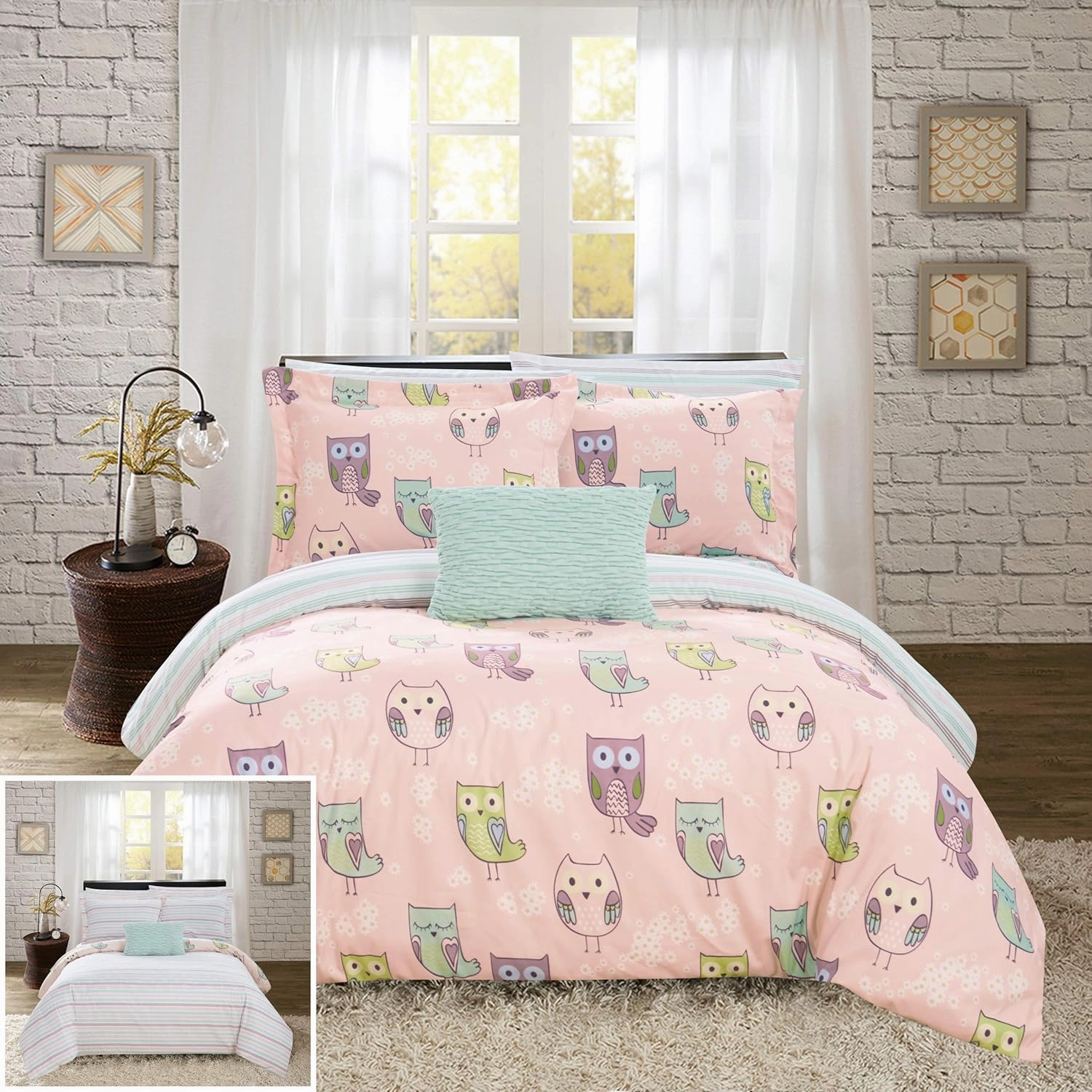Chic Home Forest 8 Piece Reversible Comforter Cute It's A Hoot Owl Friends Youth Design Bed in a Bag-Sheet Set Decorative Pillow Shams Included, Full, Pink
