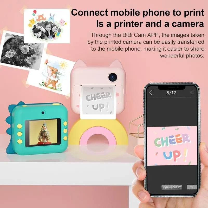 Children's Instant Camera with Dual-lens and Mini Print - Green Dinosaur - Green Dinosaur 16Gb