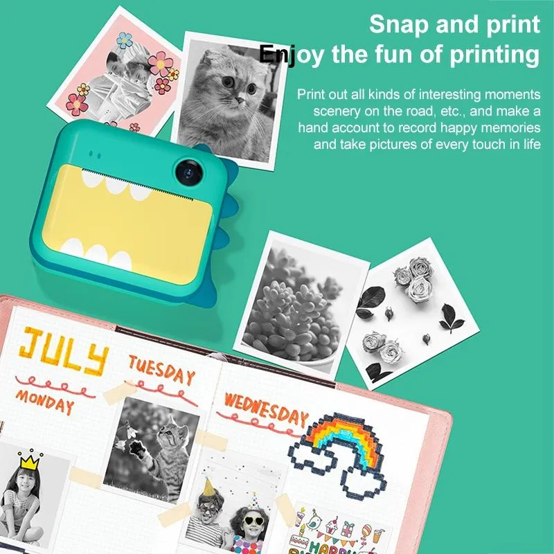 Children's Instant Camera with Dual-lens and Mini Print - Green Dinosaur - Green Dinosaur 16Gb